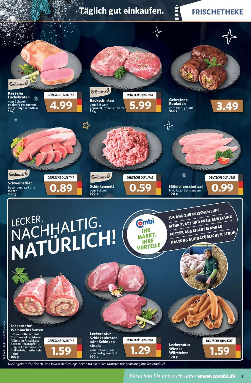 Aktueller Prospekt Combi - Prospekte - von 20.12 bis 24.12.2021 - strona 3 - produkty: angebot, angebote, apfel, blätterteig, braten, cranberry, eis, filet, fleisch, frischkäse, frucht, getränk, getränke, gewürz, Hähnchenschnitzel, Käse, kasseler, lachs, Lachsbraten, Mantel, Mett, natur, rind, rouladen, schinken, schinkenbraten, Schinkensteak, schnitten, schnitzel, schwein, schweine, schweinefilet, schweinefleisch, steak, steaks, Ti, wein, weine, wiener, wiener würstchen, wurst, würstchen