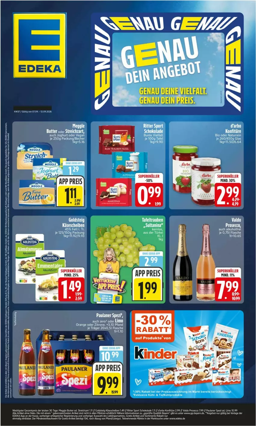 Aktueller Prospekt Edeka - Prospekte - von 07.09 bis 12.09.2026 - strona 1 - produkty: bio, butter, darbo, deka, ecco, eier, eis, goldsteig, joghur, joghurt, Käse, käsescheiben, konfitüre, leine, LG, limo, meggle, natur, Paula, paulaner, prosecco, reis, ritter, ritter sport, schoko, schokolade, Sport, Streichzart, Ti, valdo, ZTE