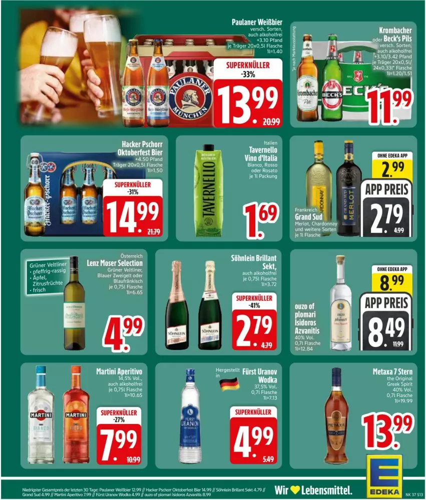 Aktueller Prospekt Edeka - Prospekte - von 07.09 bis 12.09.2026 - strona 15 - produkty: alkohol, bier, chardonnay, deka, eis, elle, flasche, gin, grand sud, grüner veltliner, hacker pschorr, lebensmittel, Lenz Moser, merl, merlot, Metaxa, moser, Paula, paulaner, reis, rwe, sekt, söhnlein, Ti, ZTE
