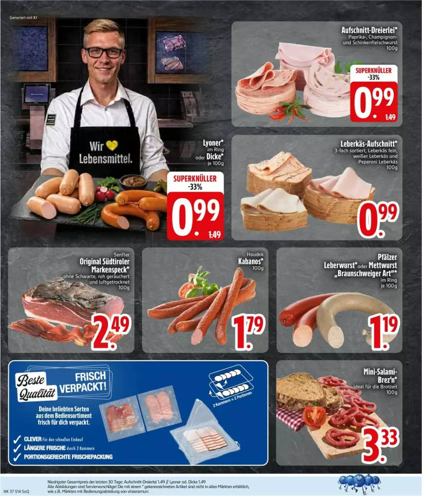 Aktueller Prospekt Edeka - Prospekte - von 07.09 bis 12.09.2026 - strona 16 - produkty: Abtei, aufschnitt, buch, eier, eis, elle, fleisch, fleischwurst, gin, leberkäs, lyoner, Mini-Salami, reis, salami, schinken, schinkenfleischwurst, Speck, südtiroler, tee, Ti, wurst, Yo, ZTE