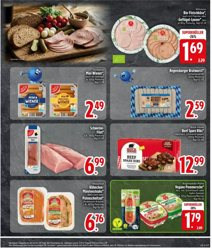 Aktueller Prospekt Edeka - Prospekte - von 07.09 bis 12.09.2026 - strona 19 - produkty: Becher, beef, bio, eis, fleisch, fleischkäse, Geflügel, Käse, lyoner, minutensteaks, mit paprika, paprika, Pommersche, reis, schnittlauch, spare ribs, spitzenqualität, steak, steaks, wiener, wiltmann, Yo, ZTE