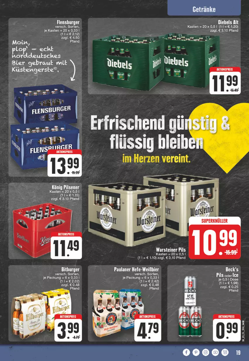 Aktueller Prospekt Edeka - Angebote der Woche - von 25.09 bis 30.09.2023 - strona 19 - produkty: aktionspreis, bier, bitburger, burger, eis, Elan, flensburger, Hefe, Paula, paulaner, pils, reis, steiner, Ti, warsteiner