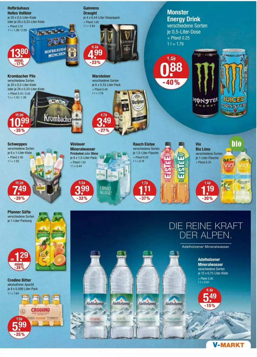 Aktueller Prospekt Vmarkt - Prospekte - von 16.05 bis 22.05.2024 - strona 11 - produkty: adelholzener, alkohol, Alwa, aperitif, auer, bier, bio, bio limo, eier, eis, eistee, elle, flasche, Guinness, Holz, je 1-liter-flasche, kraft, krombache, krombacher, krombacher pils, limo, mineralwasser, pfanne, Pfanner, pils, Rauch, säfte, schweppes, steiner, tee, Ti, vöslauer, warsteiner, wasser