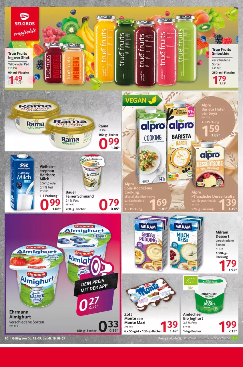 Aktueller Prospekt Selgros - Food - von 12.09 bis 18.09.2024 - strona 10 - produkty: almighur, almighurt, auer, Bau, Bauer, Becher, beere, bio, dessert, ehrmann, flasche, ingwer, joghur, joghurt, LG, milch, milram, monte, rama, schmand, smoothie, true fruits