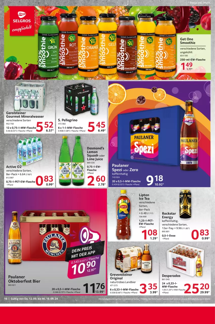 Aktueller Prospekt Selgros - Food - von 12.09 bis 18.09.2024 - strona 16 - produkty: Alwa, bier, elle, flasche, gerolsteine, gerolsteiner, gin, grevensteiner, ice tea, lipton, lipton ice tea, mineralwasser, mw-flasche, natur, Paula, paulaner, Rockstar, smoothie, Spezi, steiner, Ti, wasser, zucker