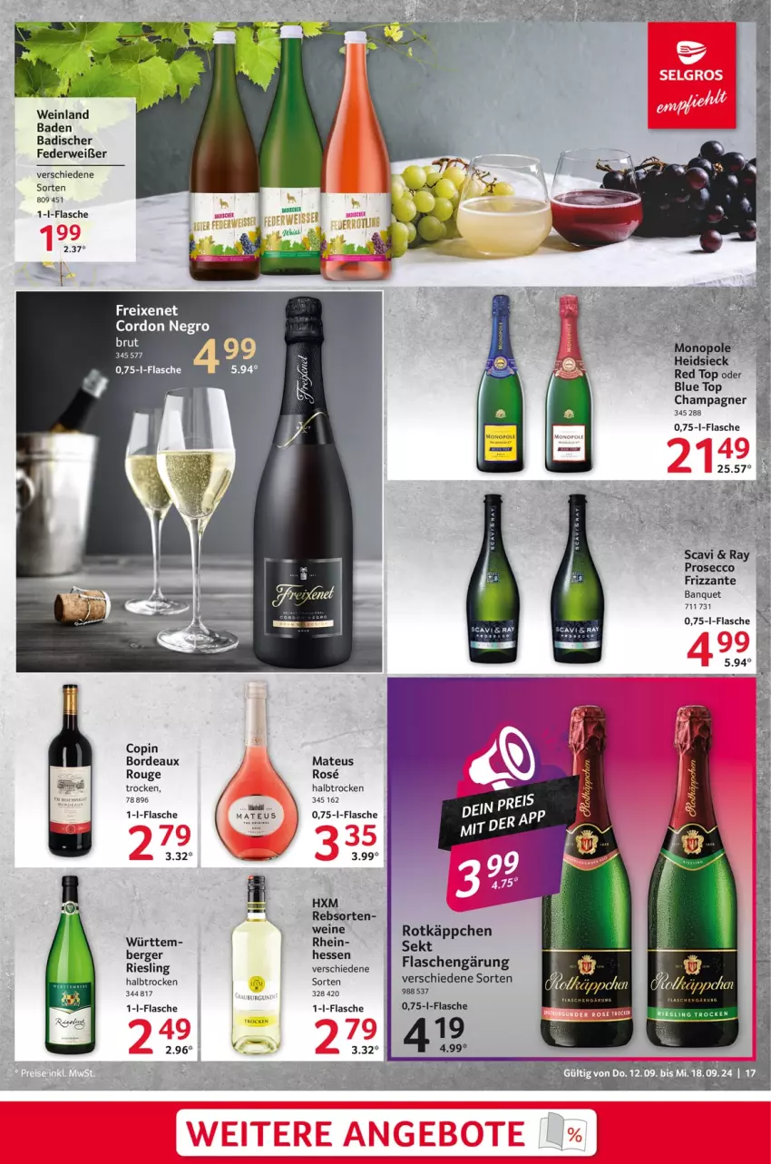 Aktueller Prospekt Selgros - Food - von 12.09 bis 18.09.2024 - strona 17 - produkty: Bad, Berger, champagne, champagner, ecco, flasche, freixenet, frizzante, mateus, prosecco, riesling, rotkäppchen, rouge, rwe, sekt, wein, weine