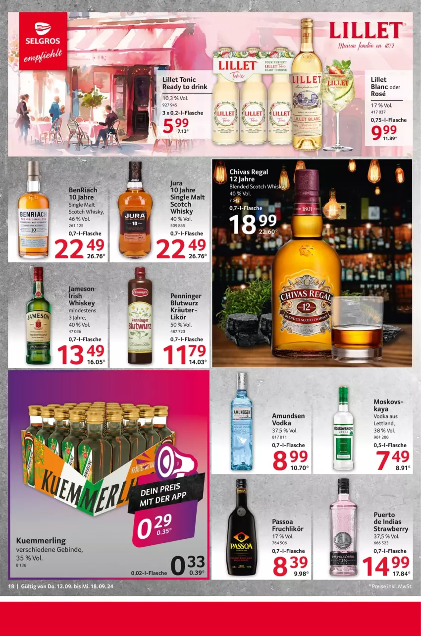 Aktueller Prospekt Selgros - Food - von 12.09 bis 18.09.2024 - strona 18 - produkty: BenRiach, blended scotch, drink, flasche, jameson, kräuter, kuemmerling, likör, lillet, merl, passo, Ria, scotch, scotch whisky, single malt, tee, tonic, vodka, whiskey, whisky, Yo