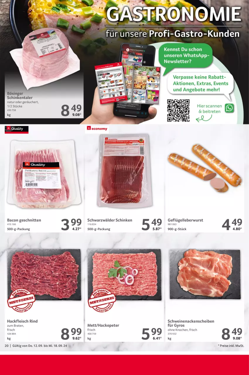 Aktueller Prospekt Selgros - Food - von 12.09 bis 18.09.2024 - strona 20 - produkty: angebot, angebote, bacon, braten, eis, elle, fleisch, Geflügel, gyros, hackfleisch, leberwurst, Mett, natur, reis, rind, schinken, schnitten, schwarzwälder schinken, schwein, schweine, schweinenacken, Ti, wein, weine, wurst