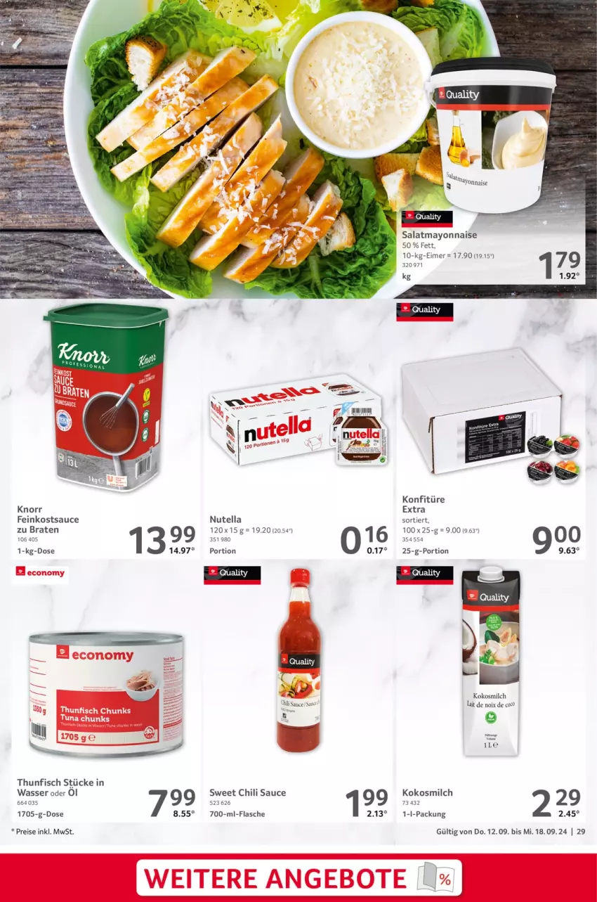 Aktueller Prospekt Selgros - Food - von 12.09 bis 18.09.2024 - strona 29 - produkty: braten, chili, eimer, eis, feinkost, fisch, flasche, knorr, kokos, kokosmilch, konfitüre, konfitüre extra, mayonnaise, milch, nutella, reis, salat, sauce, thunfisch, Ti, wasser, Yo