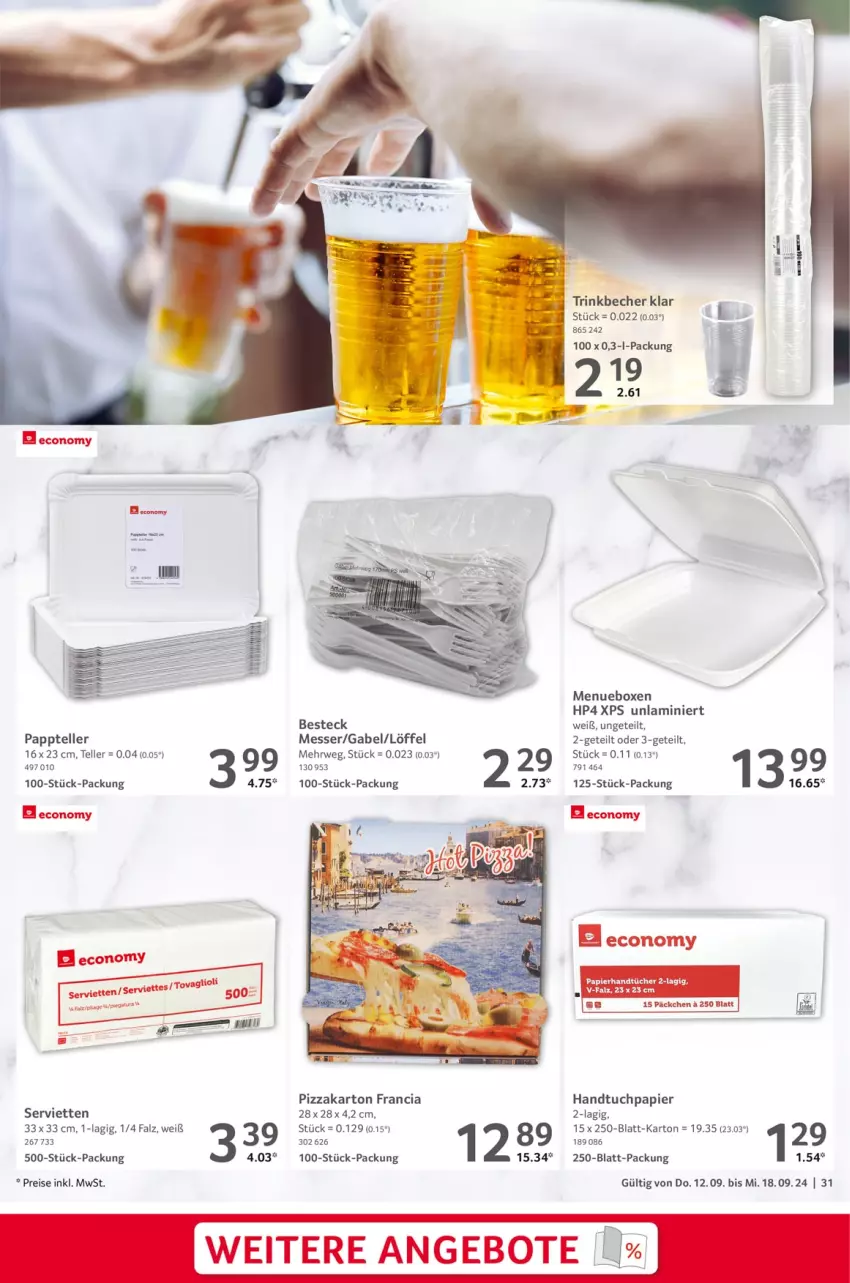 Aktueller Prospekt Selgros - Food - von 12.09 bis 18.09.2024 - strona 31 - produkty: angebot, angebote, Becher, besteck, eis, elle, gabel, handtuch, handtücher, HP, Löffel, messer, papier, pizza, reis, rwe, Serviette, servietten, teller, Ti, trinkbecher, tuc, tücher