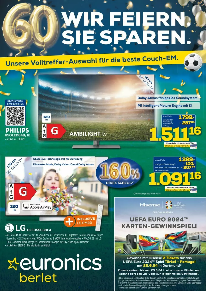 Aktueller Prospekt Euronics - Prospekte - von 14.05 bis 19.05.2024 - strona 1 - produkty: gewinnspiel, gin, hisense, Intel, leds, LG, Mode, Philips, Ti