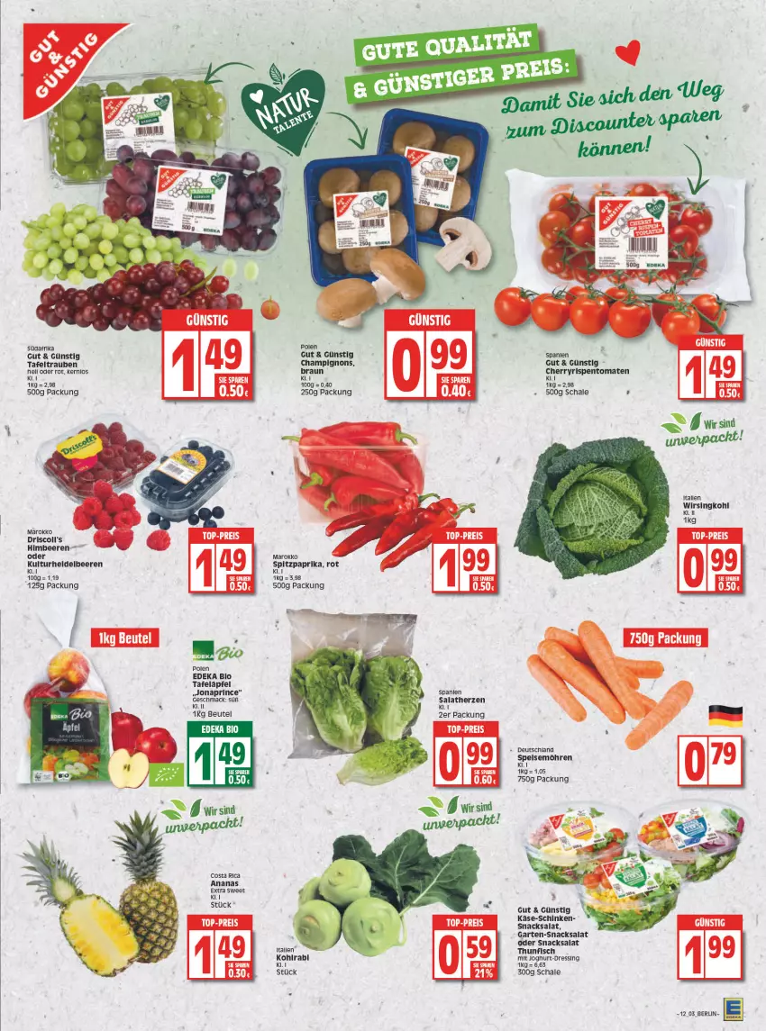 Aktueller Prospekt Edeka - Angebote der Woche - von 21.03 bis 26.03.2022 - strona 3 - produkty: ananas, beere, beeren, beutel, bio, braun, champignon, champignons, deka, dressing, edeka bio, eis, fisch, Garten, heidelbeere, heidelbeeren, himbeer, himbeere, himbeeren, joghur, joghurt, Käse, kohlrabi, mac, möhren, paprika, rispentomaten, salat, salatherzen, Schal, Schale, schinken, snack, snacks, speisemöhren, Spitzpaprika, tafeläpfel, tafeltrauben, thunfisch, Ti, tomate, tomaten, trauben, Wirsing, Wirsingkohl