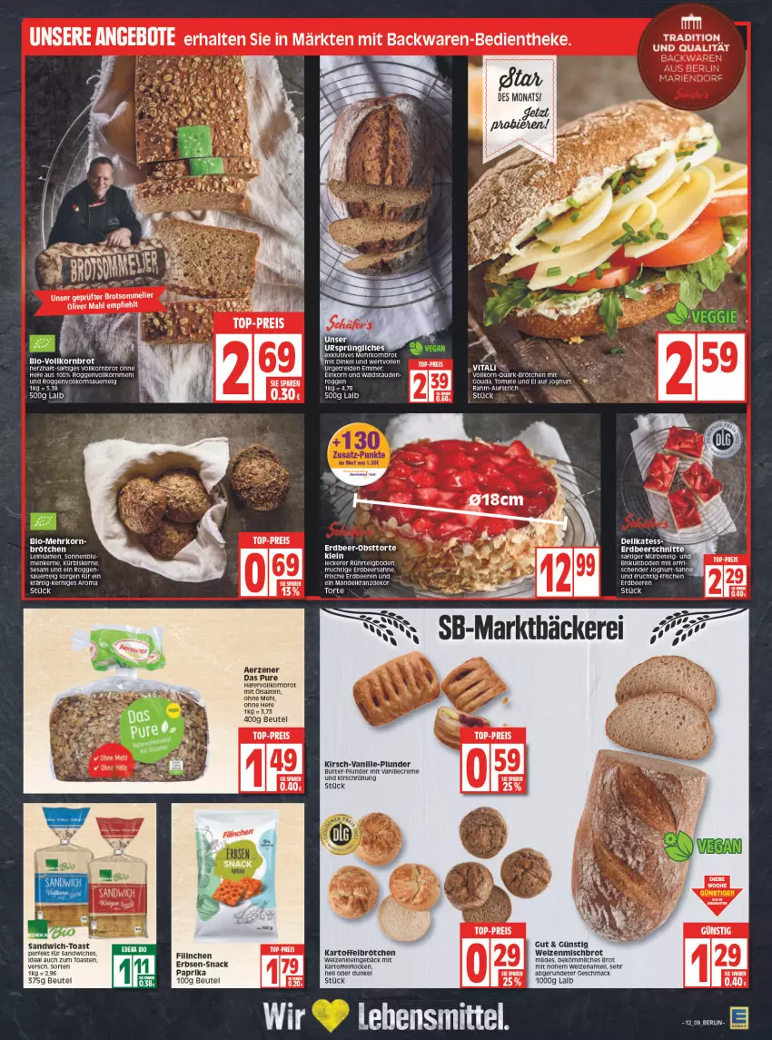 Aktueller Prospekt Edeka - Angebote der Woche - von 21.03 bis 26.03.2022 - strona 9 - produkty: auer, aufstrich, backwaren, beutel, bio, brot, brötchen, butter, creme, eis, erbsen, frucht, gouda, hafer, Hefe, joghur, joghurt, kartoffel, kirsch, korn, Kornbrot, Kranz, Kürbis, kürbiskerne, lebensmittel, mac, mandel, mehl, obst, olive, paprika, Plunder, quark, reis, rel, saft, sahne, sandwich, sesam, sim, snack, stauden, Ti, toast, tomate, top-preis, torte, vanille, vollkornbrot, weizenmischbrot