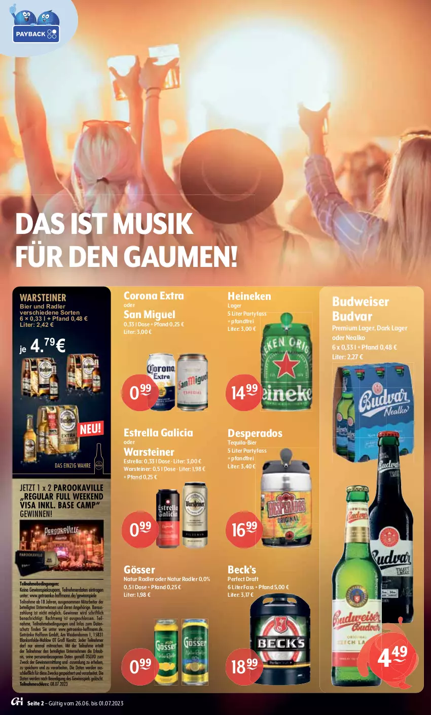 Aktueller Prospekt Getraenke Hoffmann - Prospekte - von 26.06 bis 01.07.2023 - strona 2 - produkty: alkohol, Alwa, auer, bacardi, Bau, Bauer, bier, bio, bowle, budweiser, burger, coca-cola, cocktail, cola, corona, corona extra, desperados, eis, elle, erdnüsse, flasche, frucht, gösser, granini, granini die limo, heineken, jack daniel, Jack Daniel’s, jumbo, katlenburger, limo, Meister, mineralwasser, monster, natur, natur radler, natürliches mineralwasser, nuss, pfirsich, radler, rel, rheinfels quelle, salz, schweppes, sekt, steiner, tequila, Ti, waldmeister, warsteiner, wasser, wein, whiskey