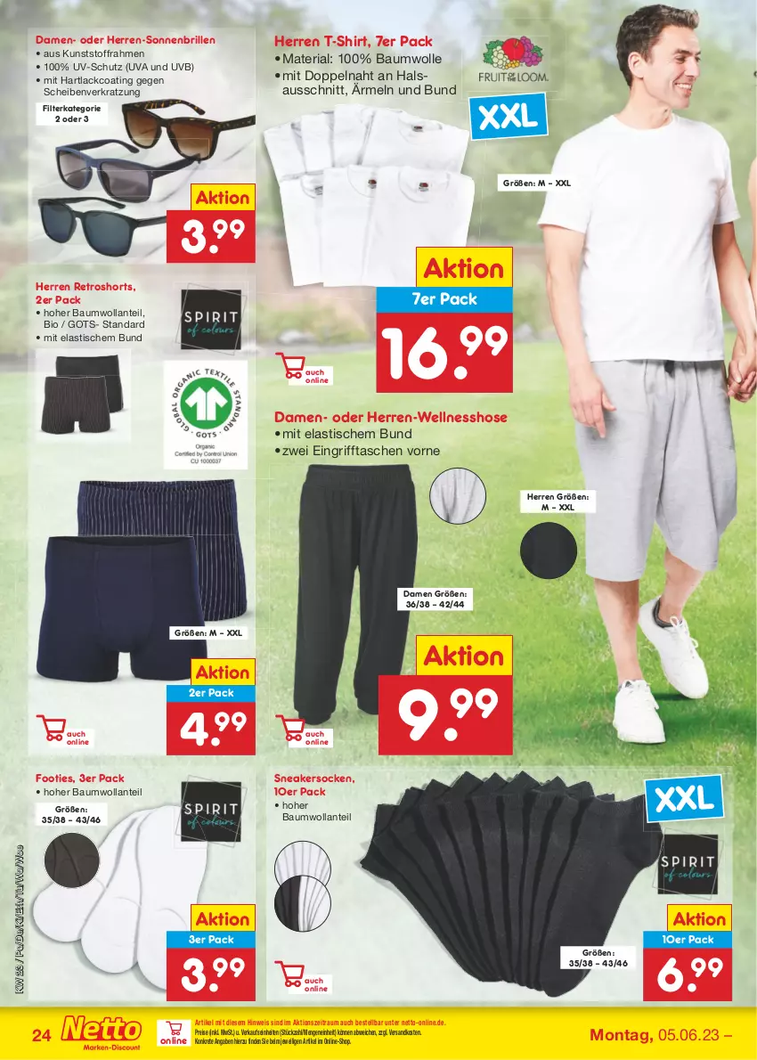 Aktueller Prospekt Netto Marken-Discount - Filial-Angebote - von 05.06 bis 10.06.2023 - strona 24 - produkty: asti, Bau, baumwolle, bio, Brille, eis, hose, lack, ndk, reis, retroshorts, Ria, shirt, shorts, sneaker, sneakersocken, socken, sonnenbrille, T-Shirt, Tasche, taschen, Ti, tisch, uv-schutz, wolle