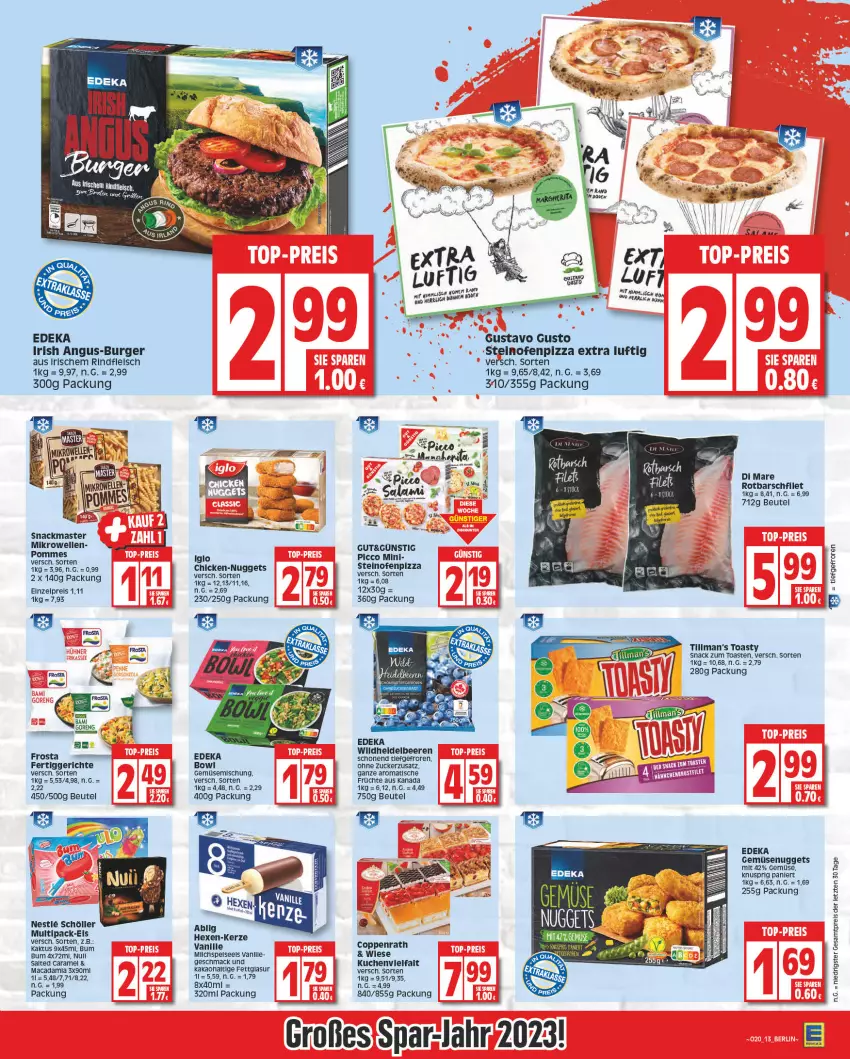 Aktueller Prospekt Edeka - Angebote der Woche - von 08.05 bis 13.05.2023 - strona 13 - produkty: beere, beeren, beutel, burger, caramel, coppenrath, deka, eis, elle, fertiggericht, fertiggerichte, filet, fleisch, frosta, früchte, heidelbeere, heidelbeeren, iglo, kakao, kerze, kuchen, mac, mikrowelle, nuggets, Ofen, pizza, pommes, reis, rind, rindfleisch, Rotbarsch, rotbarschfilet, salami, Schöller, snack, steinofen, Ti, tisch, toast, toasty, vanille, Wild, ZTE, zucker