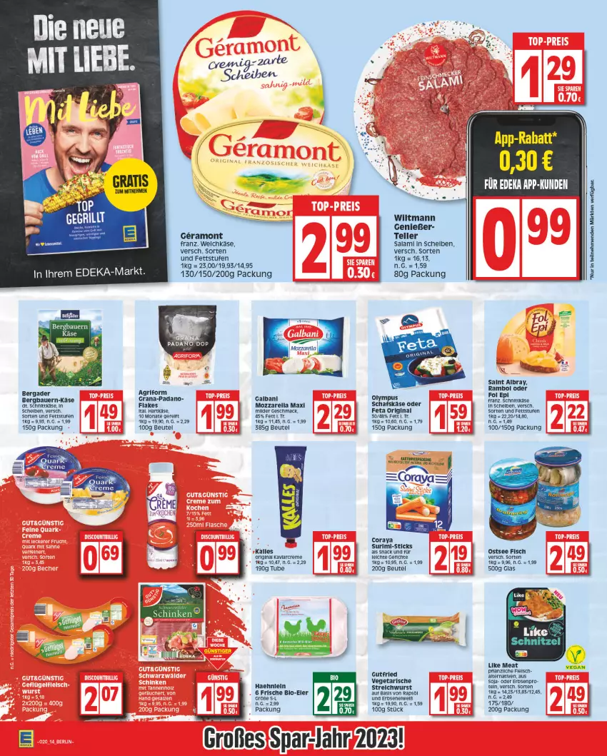 Aktueller Prospekt Edeka - Angebote der Woche - von 08.05 bis 13.05.2023 - strona 14 - produkty: albray, auer, Bau, Bauer, bergader, beutel, bio, creme, eier, eis, elle, erbsen, feta, fisch, flakes, fleisch, fol epi, galbani, gin, grana, gutfried, hartkäse, Käse, Like Meat, mac, mozzarella, padano, quark, Rana, rapsöl, rel, Ria, saint albray, salami, schafskäse, schinken, schnittkäse, snack, soja, teller, Ti, Vegeta, weichkäse, wiltmann, wurst