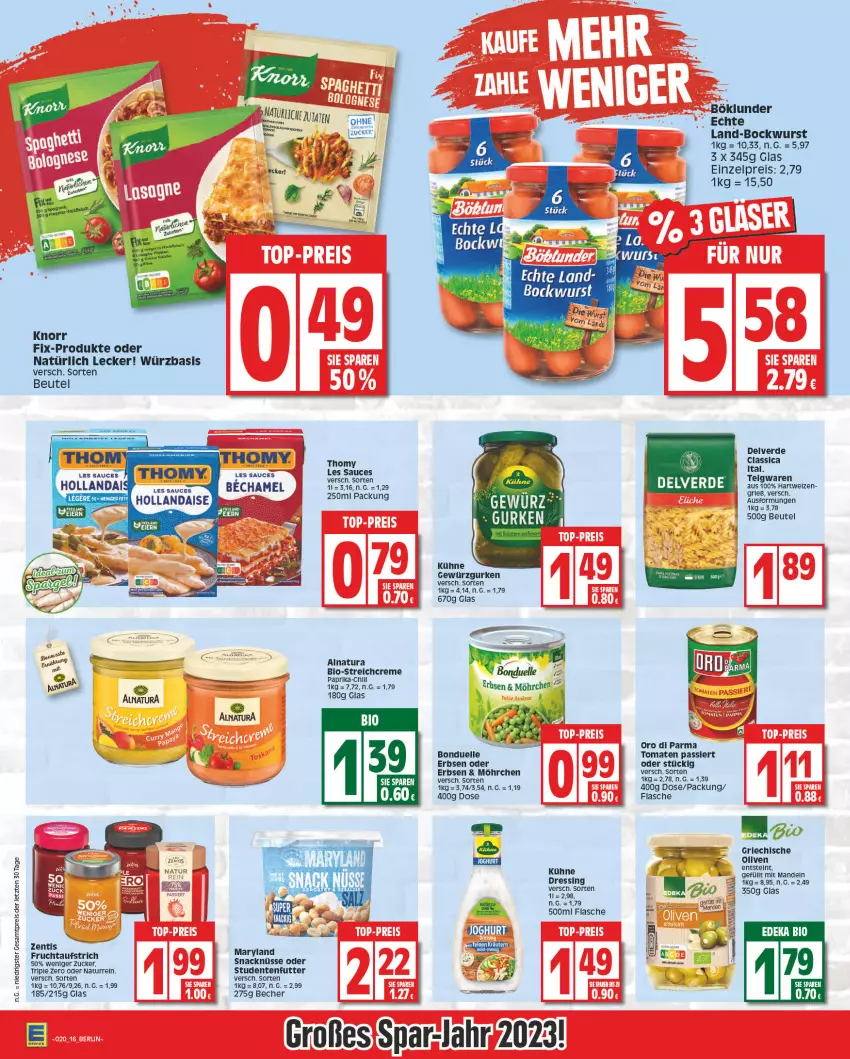 Aktueller Prospekt Edeka - Angebote der Woche - von 08.05 bis 13.05.2023 - strona 16 - produkty: Becher, beutel, bio, bockwurst, böklunder, bonduelle, creme, deka, dressing, edeka bio, eier, eis, elle, ente, erbsen, erde, flasche, gewürz, Gewürzgurke, gewürzgurken, gurke, gurken, hartweizen, hollandaise, knorr, knorr fix, Kühne, natur, natura, oro di parma, reis, sauce, snack, studentenfutter, Ti, tomate, tomaten, Tomaten Passiert, uhr, wurst, zucker