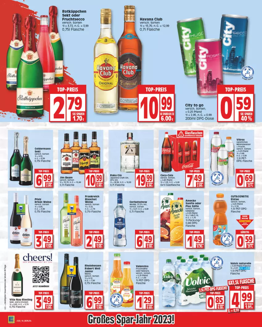 Aktueller Prospekt Edeka - Angebote der Woche - von 08.05 bis 13.05.2023 - strona 18 - produkty: Alwa, coca-cola, cola, ecco, eis, eistee, elle, flasche, frucht, fruchtsecco, geldermann, gin, glasflasche, Gorbatschow, Havana Club, jim beam, mineralwasser, natur, natürliches mineralwasser, Nektar, reis, rel, riesling, rotkäppchen, säfte, sekt, tee, Ti, vitrex, volvic, wasser, wein, weine, ZTE