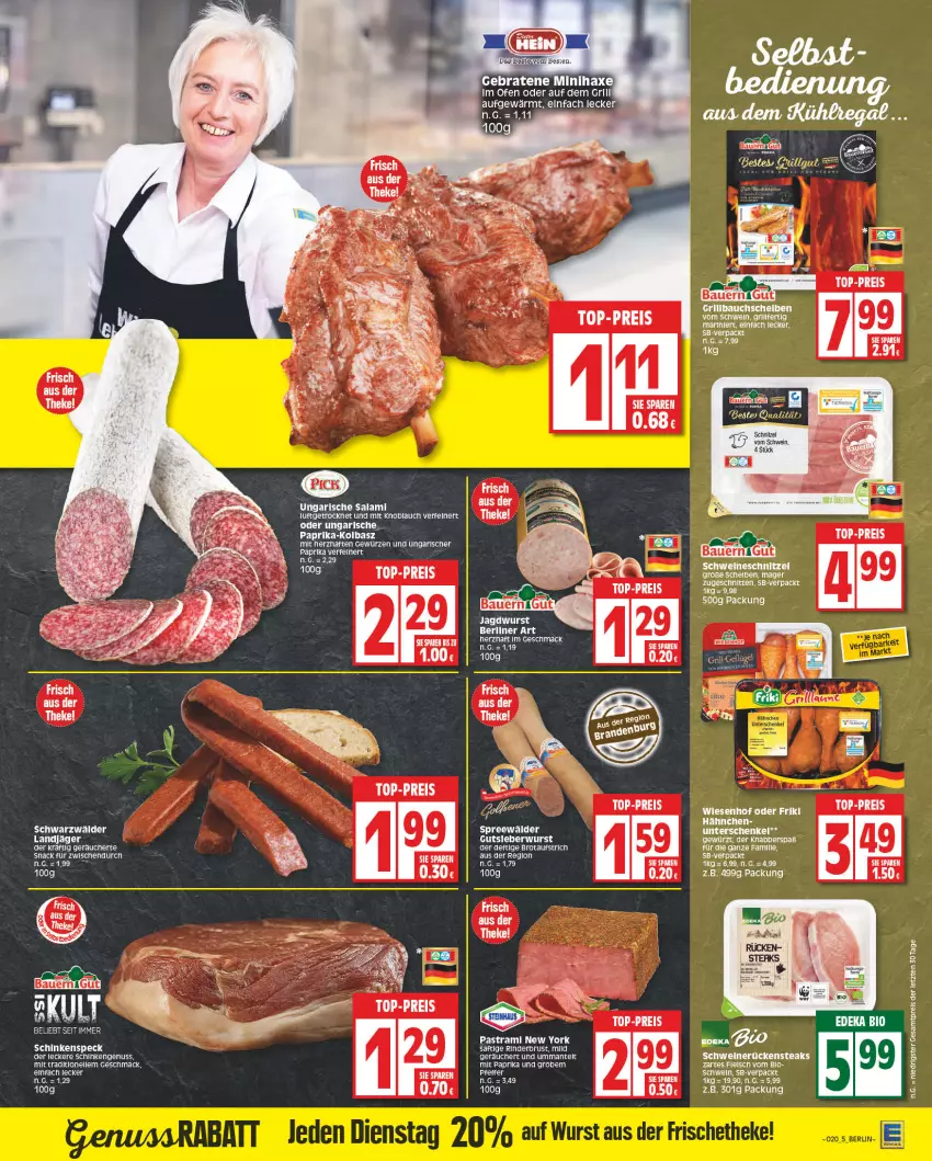 Aktueller Prospekt Edeka - Angebote der Woche - von 08.05 bis 13.05.2023 - strona 5 - produkty: Astra, auer, aufstrich, Bau, Bauer, bio, brot, brotaufstrich, eis, elle, fleisch, gewürz, grill, Grillbauch, gutsleberwurst, jagdwurst, knoblauch, landjäger, leberwurst, mac, mit knoblauch, mit paprika, nuss, paprika, pastrami, pfeffer, reis, rind, rinder, Rückensteak, rückensteaks, saft, salami, schinken, schnitten, schnitzel, schwein, schweine, schweinerücken, schweineschnitzel, snack, spreewälder, steak, steaks, Ti, top-preis, Ungarische Salami, wein, weine, wurst, Yo, ZTE