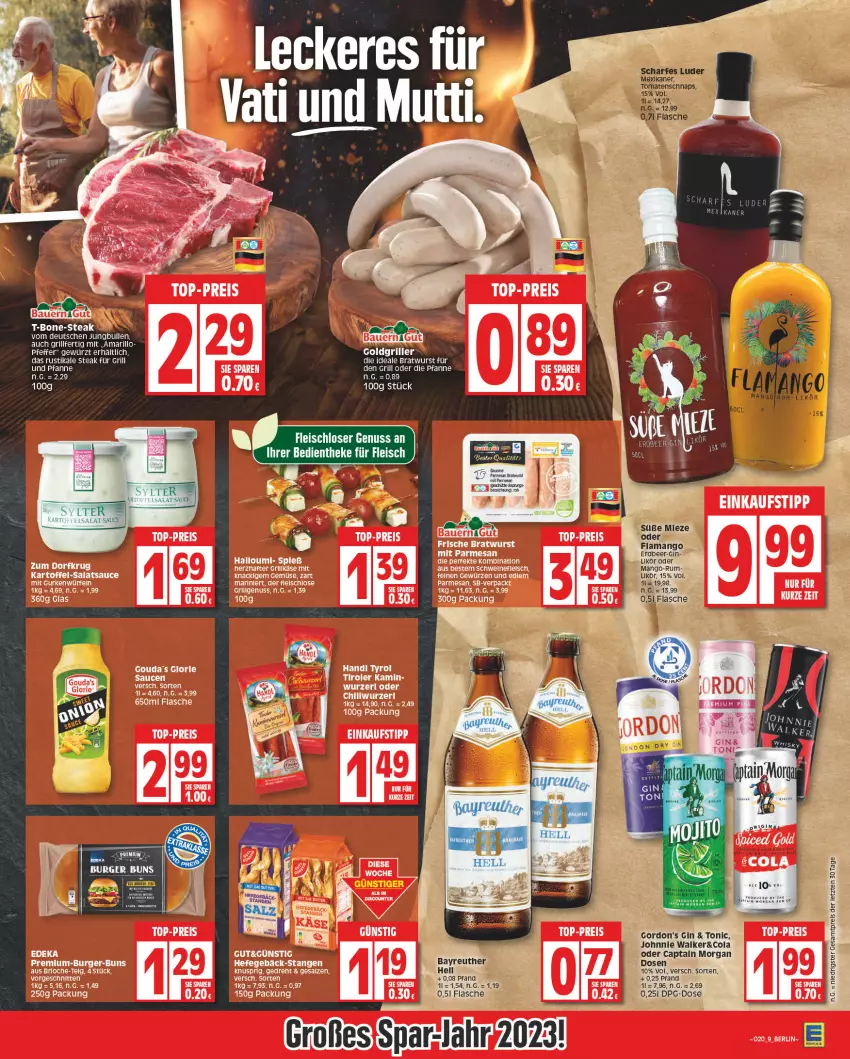 Aktueller Prospekt Edeka - Angebote der Woche - von 08.05 bis 13.05.2023 - strona 9 - produkty: aeg, auer, Bau, Bauer, burger, burger buns, Cap, captain morgan, chili, cola, einkaufstipp, eis, flasche, fleisch, für grill und pfanne, garnier, gewürz, gin, gordon, gordon's, gouda, Gouda's Glorie, grill, grill und pfanne, gurke, gurken, Halloumi, Hefe, Heu, johnnie walker, jungbullen, kartoffel, LG, likör, mango, Mutti, nuss, pfanne, reis, rum, salat, salatsauce, salz, sauce, saucen, schnitten, schwein, schweine, schweinefleisch, steak, tee, Ti, tonic, top-preis, torte, und pfanne, wein, weine, würfel, ZTE, Zum Dorfkrug