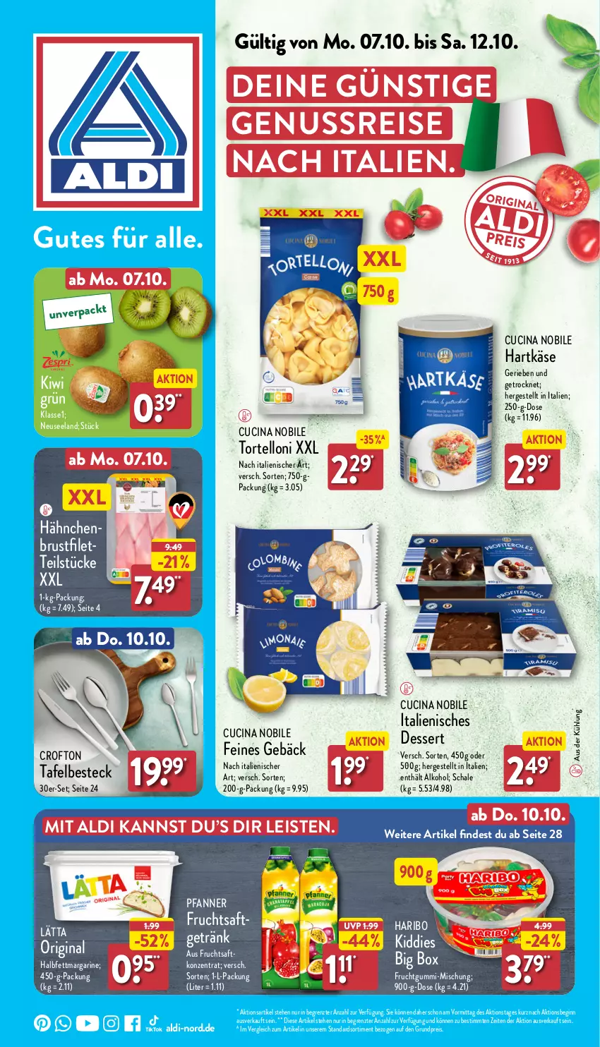 Aktueller Prospekt Aldi Nord - Von Montag - von 07.10 bis 12.10.2024 - strona 1 - produkty: aldi, alkohol, besteck, brustfilet, cin, Crofton, dessert, eis, Elan, filet, frucht, fruchtgummi, fruchtsaft, getränk, gin, hähnchenbrust, hähnchenbrustfilet, halbfettmargarine, haribo, hartkäse, Italienisches Dessert, Käse, kiwi, lätta, margarine, nuss, pfanne, Pfanner, reis, saft, Schal, Schale, Ti, torte, tortelloni, ZTE