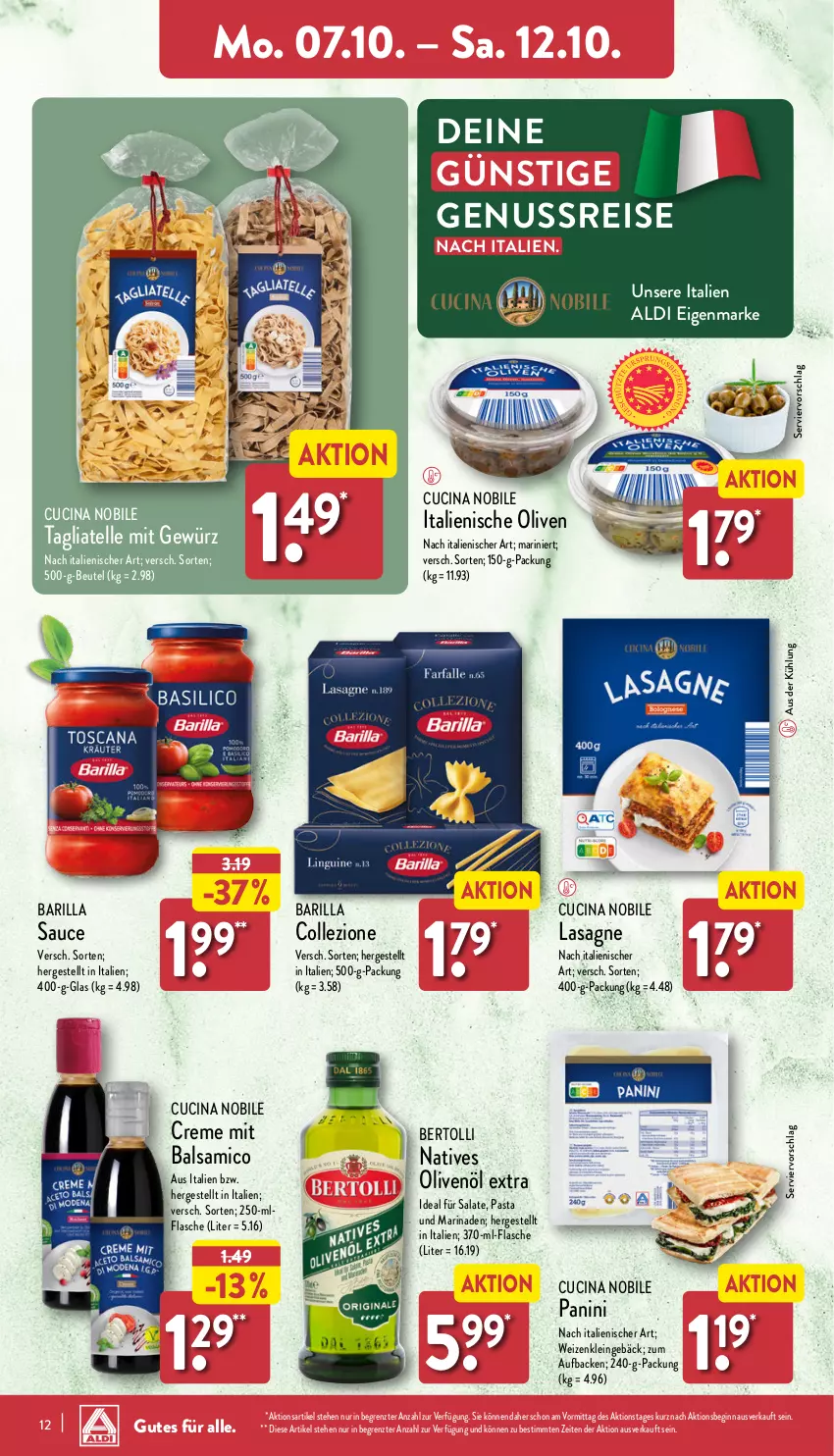 Aktueller Prospekt Aldi Nord - Von Montag - von 07.10 bis 12.10.2024 - strona 12 - produkty: aldi, balsam, balsamico, barilla, bertolli, beutel, cin, creme, eis, elle, flasche, gewürz, gin, lasagne, marinade, natives olivenöl, nuss, olive, oliven, olivenöl, olivenöl extra, pasta, reis, salat, salate, sauce, tagliatelle, Ti, ZTE