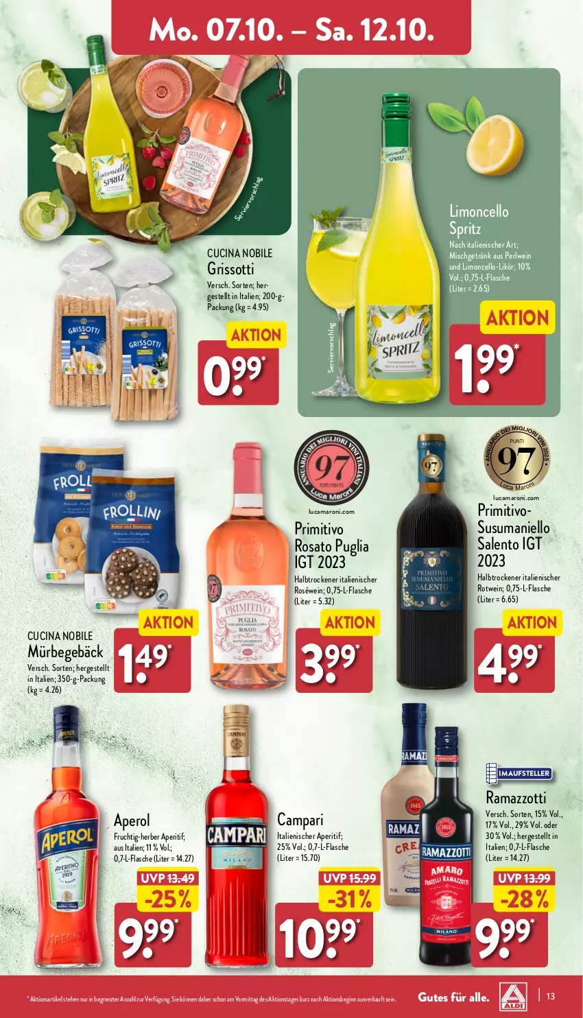 Aktueller Prospekt Aldi Nord - Von Montag - von 07.10 bis 12.10.2024 - strona 13 - produkty: aldi, amaro, aperitif, aperol, campari, cin, elle, flasche, frucht, getränk, gin, likör, limo, primitivo, rama, ramazzott, ramazzotti, rosato, roséwein, rotwein, teller, Ti, wein, zott, ZTE