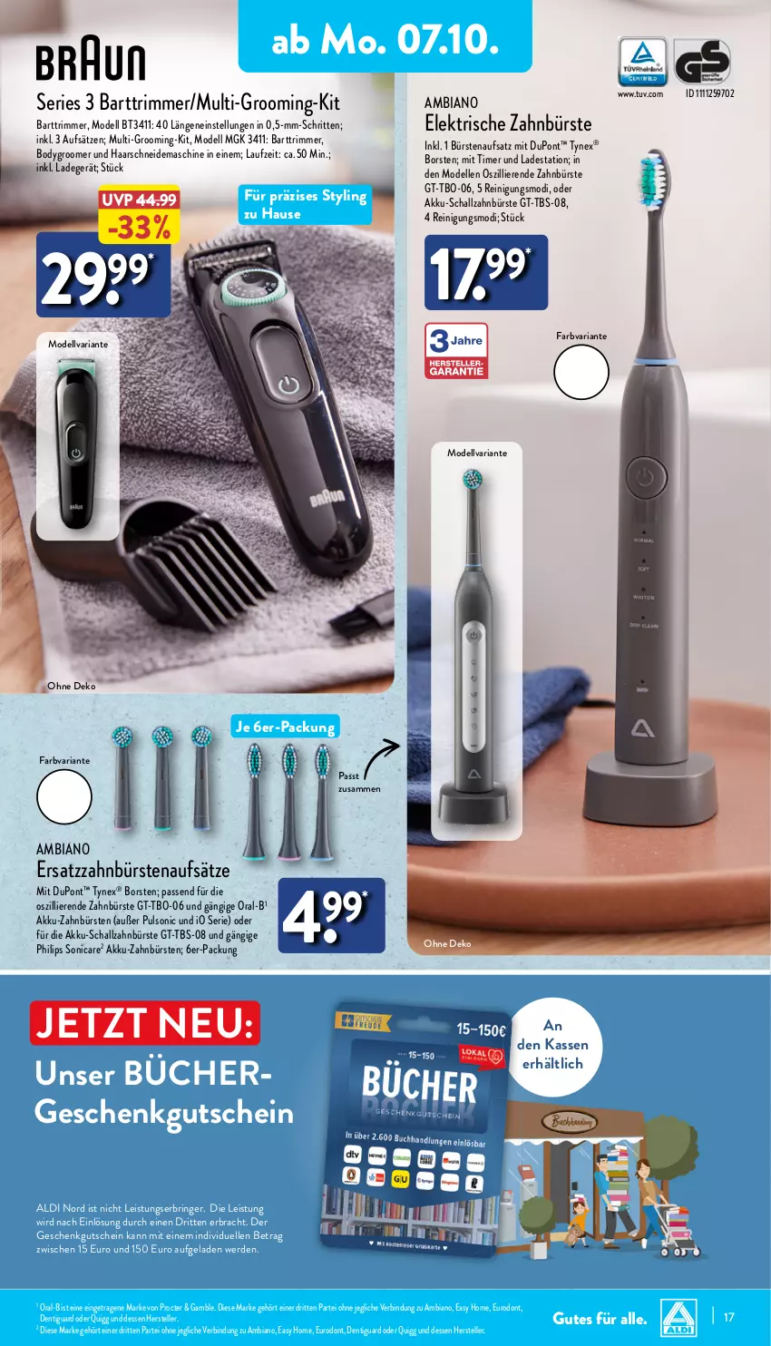 Aktueller Prospekt Aldi Nord - Von Montag - von 07.10 bis 12.10.2024 - strona 17 - produkty: akku, aldi, ambia, body, Bodygroom, bürste, bürsten, dell, eis, elektrische zahnbürste, elle, erde, gutschein, ladegerät, Mode, oral-b, Philips, quigg, Reinigung, Ria, ring, Schal, schallzahnbürste, sonicare, teller, Ti, timer, zahnbürste, zahnbürsten