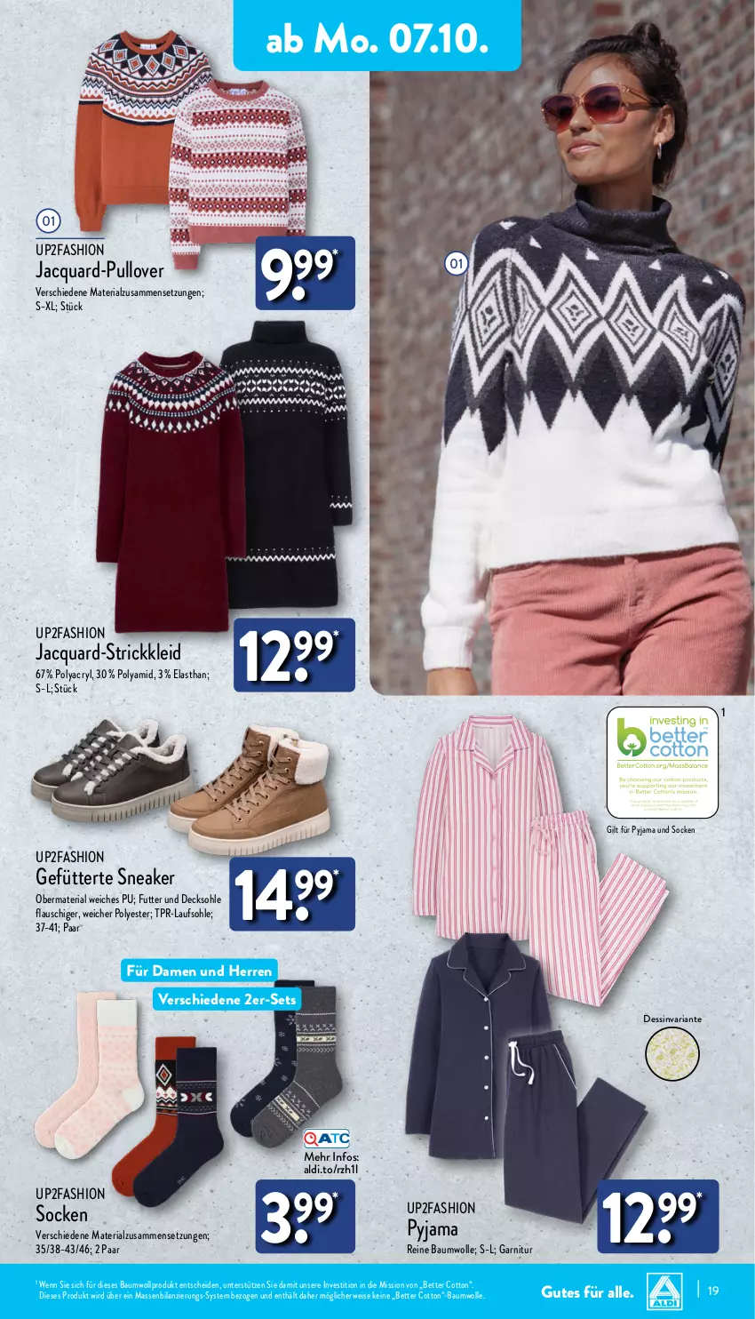 Aktueller Prospekt Aldi Nord - Von Montag - von 07.10 bis 12.10.2024 - strona 19 - produkty: aldi, Bau, baumwolle, bett, decksohle, eis, garnitur, kleid, Pullover, Pyjama, reine baumwolle, Ria, rwe, sneaker, socken, Strickkleid, Ti, up2fashion, wolle