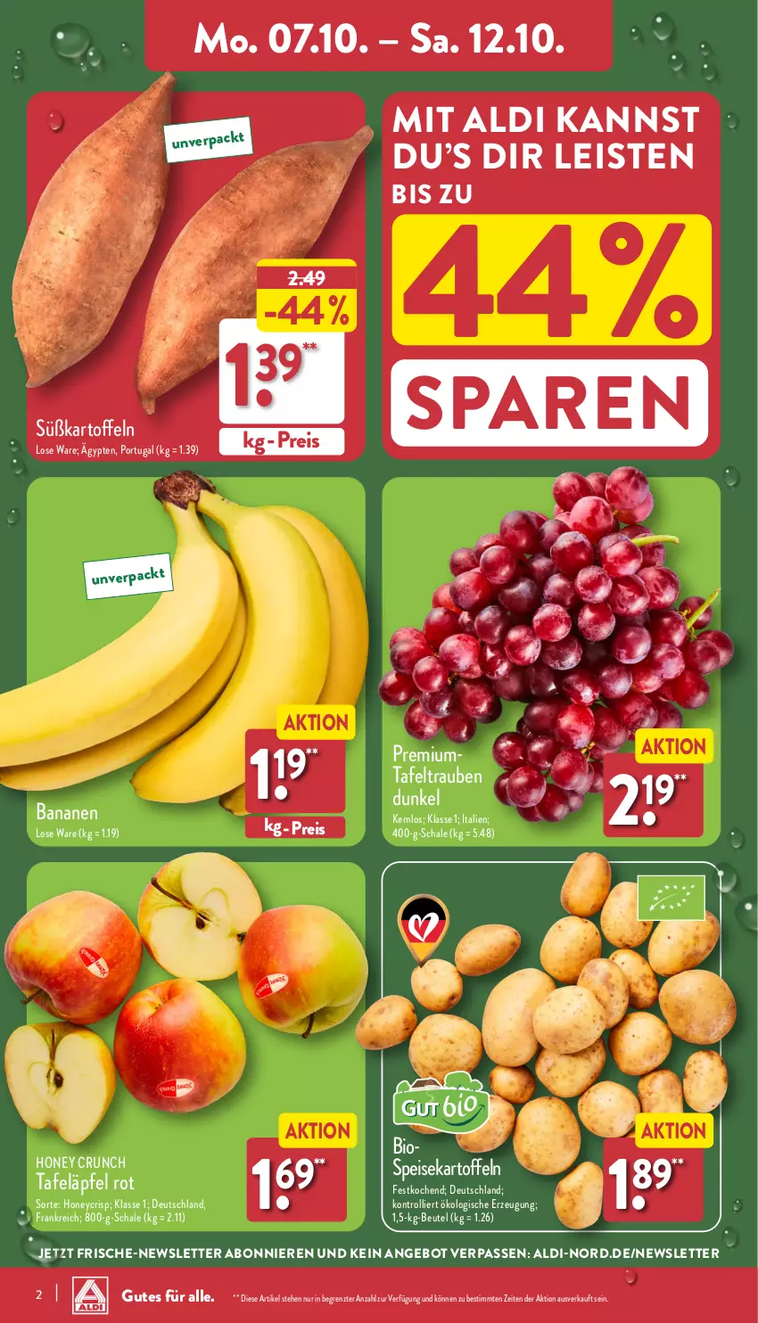 Aktueller Prospekt Aldi Nord - Von Montag - von 07.10 bis 12.10.2024 - strona 2 - produkty: aldi, angebot, banane, bananen, beutel, bio, eis, kartoffel, kartoffeln, reis, Schal, Schale, speisekartoffeln, Süßkartoffeln, tafeläpfel, tafeltrauben, Ti, trauben, trolli, ZTE