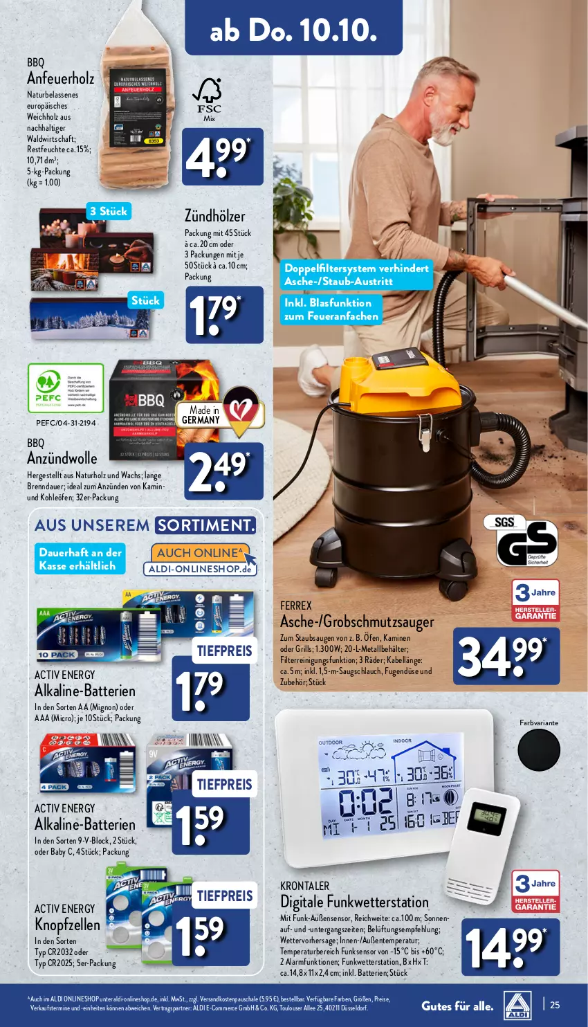 Aktueller Prospekt Aldi Nord - Von Montag - von 07.10 bis 12.10.2024 - strona 25 - produkty: aldi, Anfeuerholz, auer, aust, batterie, batterien, Behälter, eis, elle, ente, ferrex, Germ, grill, Holz, Kamin, natur, ndk, Reinigung, reis, Ria, Schal, Schale, schlauch, Ti, tiefpreis, Wetterstation, wolle