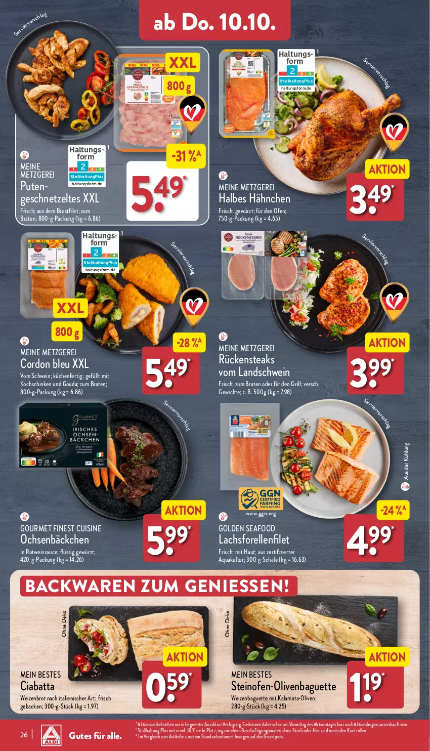 Aktueller Prospekt Aldi Nord - Von Montag - von 07.10 bis 12.10.2024 - strona 26 - produkty: aqua, backwaren, baguette, braten, brot, brustfilet, ciabatta, cordon bleu, eis, elle, filet, forelle, geback, geschnetzeltes, gewürz, gin, gouda, grill, Heu, kochschinken, küche, Küchen, lachs, Ofen, olive, oliven, pute, Putengeschnetzeltes, reis, rel, Ria, rotwein, Rückensteak, rückensteaks, sauce, Schal, Schale, schinken, schwein, steak, steaks, steinofen, Ti, wein, Weizenbrot, Zelt, ZTE