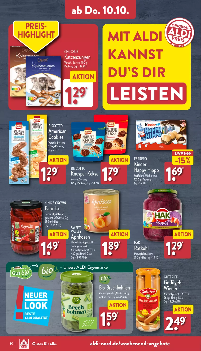 Aktueller Prospekt Aldi Nord - Von Montag - von 07.10 bis 12.10.2024 - strona 30 - produkty: aldi, angebot, angebote, apfel, aprikose, aprikosen, bio, biscotto, bohne, bohnen, cookie, cookies, creme, eis, ferrero, frucht, Geflügel, gutfried, hipp, keks, kekse, Kinder, milch, paprika, reis, rotkohl, Ti, wiener, zucker