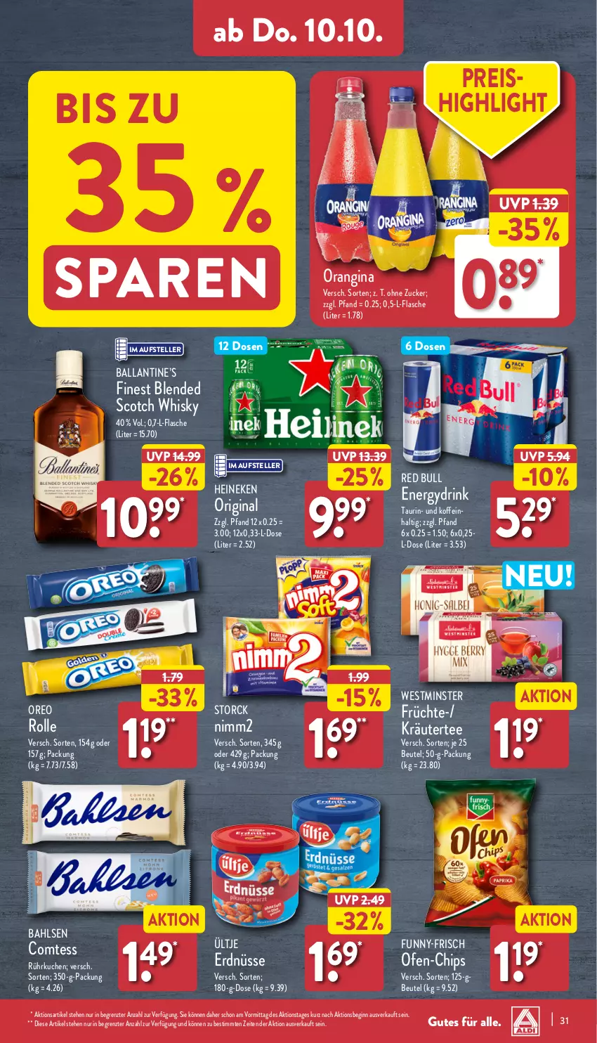 Aktueller Prospekt Aldi Nord - Von Montag - von 07.10 bis 12.10.2024 - strona 31 - produkty: bahlsen, ball, beutel, blended scotch, blended scotch whisky, chips, comtess, drink, eis, elle, erdnüsse, flasche, früchte, funny-frisch, gin, heineken, kräuter, kuchen, nimm2, Ofen, orangina, oreo, red bull, reis, scotch, scotch whisky, storck, tee, teller, Ti, ültje, ültje erdnüsse, whisky, ZTE, zucker