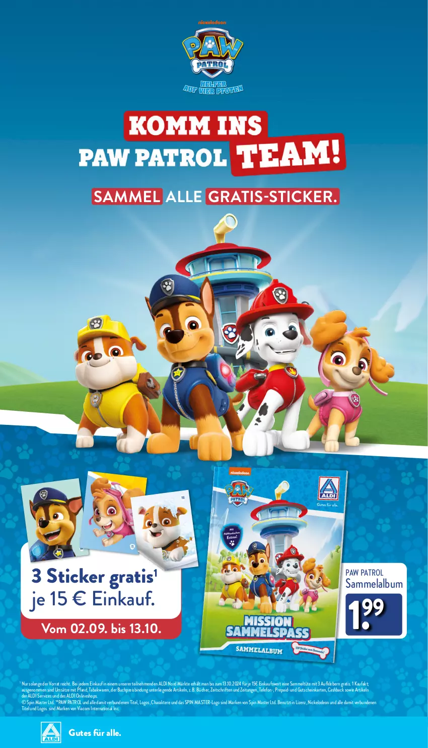 Aktueller Prospekt Aldi Nord - Von Montag - von 07.10 bis 12.10.2024 - strona 36 - produkty: aldi, Aufkleber, buch, deo, eis, gutschein, HP, kleber, Liege, Paw Patrol, reis, telefon, Ti, Tüte