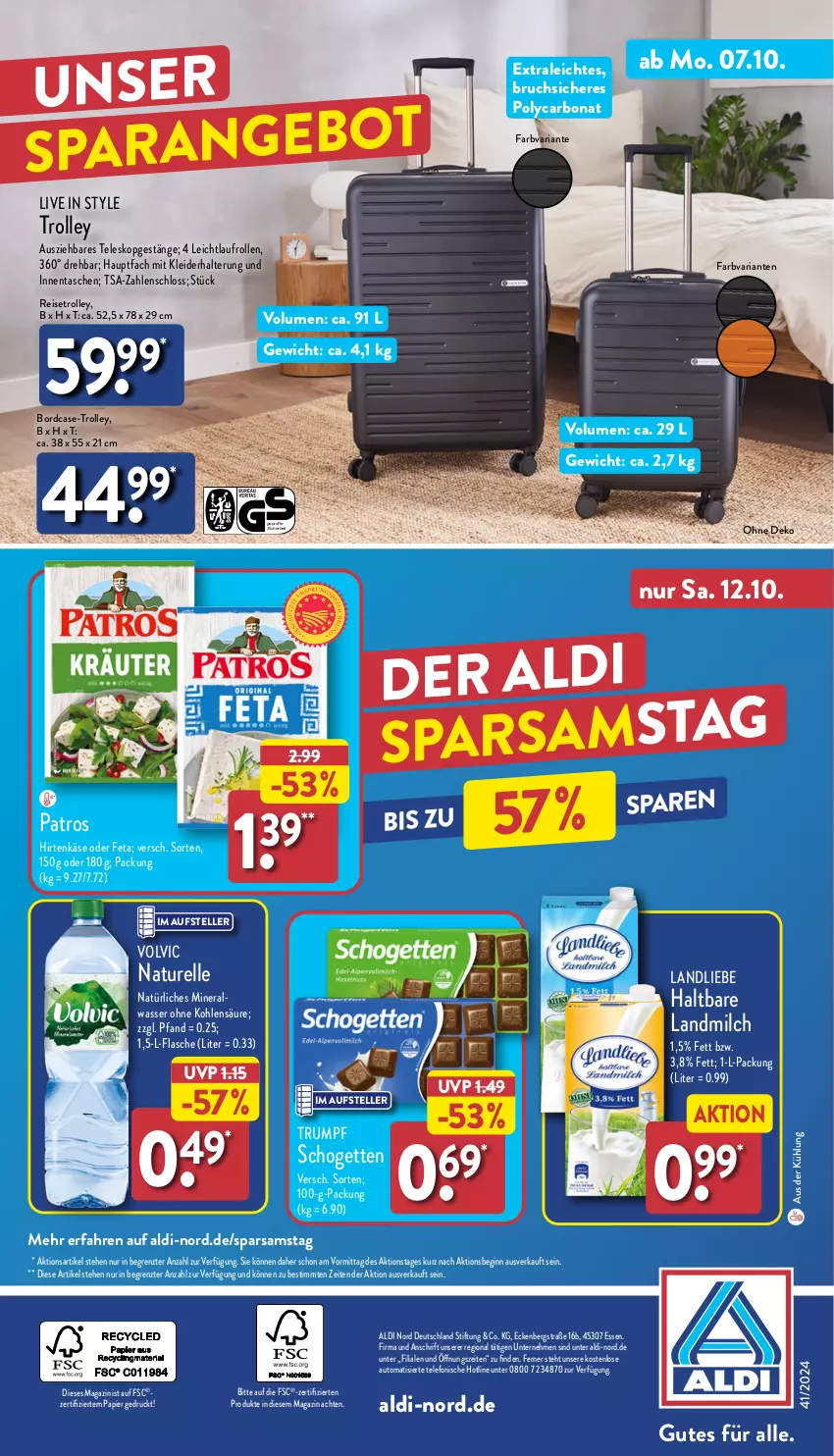 Aktueller Prospekt Aldi Nord - Von Montag - von 07.10 bis 12.10.2024 - strona 37 - produkty: aldi, Alwa, angebot, auto, Bona, eis, elle, feta, flasche, gin, hirtenkäse, Käse, kleid, kleider, landliebe, landmilch, magazin, milch, mineralwasser, natur, natürliches mineralwasser, papier, patros, reis, reisetrolley, rel, Ria, rum, schogetten, Tasche, taschen, telefon, Teleskop, teller, Ti, trolley, volvic, wasser, ZTE