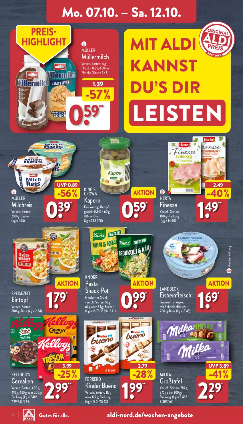 Aktueller Prospekt Aldi Nord - Von Montag - von 07.10 bis 12.10.2024 - strona 6 - produkty: aldi, angebot, angebote, Becher, cerealien, eintopf, eis, ferrero, finesse, flasche, fleisch, herta, herta finesse, Kinder, kinder bueno, knorr, milch, milchreis, milka, Müller, müllermilch, pasta, reis, schwein, schweine, schweinefleisch, snack, Ti, topf, wein, weine