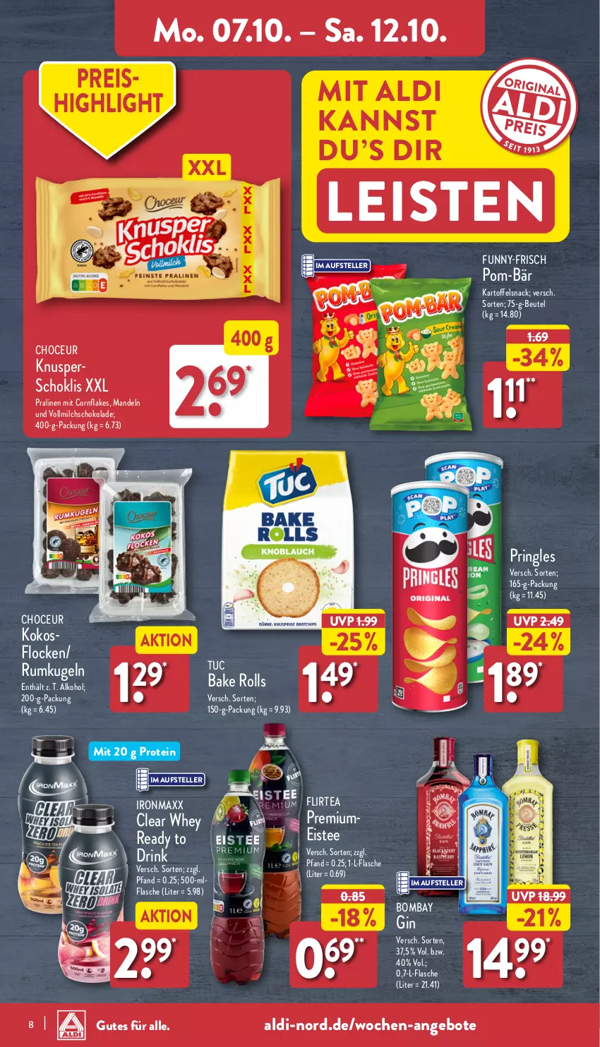 Aktueller Prospekt Aldi Nord - Von Montag - von 07.10 bis 12.10.2024 - strona 8 - produkty: aldi, alkohol, angebot, angebote, beutel, drink, eis, eistee, elle, flakes, flasche, funny-frisch, gin, kartoffel, kokos, Kugel, mandel, mandeln, milch, pom-bär, pralinen, pringles, reis, ring, rum, schoko, schokolade, snack, tee, teller, Ti, tuc, vollmilch