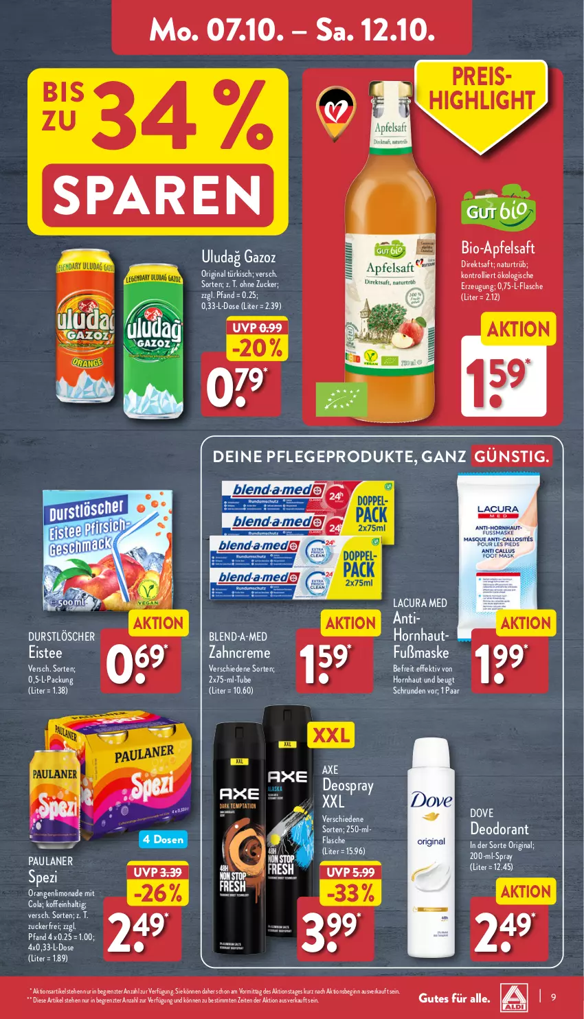 Aktueller Prospekt Aldi Nord - Von Montag - von 07.10 bis 12.10.2024 - strona 9 - produkty: apfel, apfelsaft, axe, bio, blend-a-med, cola, creme, deo, deodorant, deospray, direktsaft, dove, durstlöscher, eis, eistee, flasche, gin, limo, limonade, Maske, natur, orange, orangen, Paula, paulaner, reis, saft, Spezi, tee, Ti, trolli, zahncreme, ZTE, zucker