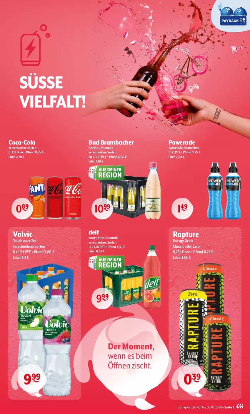 Aktueller Prospekt Getraenke Hoffmann - Prospekte - von 03.02 bis 08.03.2025 - strona 3 - produkty: Bad, coca-cola, cola, deit, drink, energy drink, Garten, limo, limonade, Sport, tee, Ti, volvic, zucker