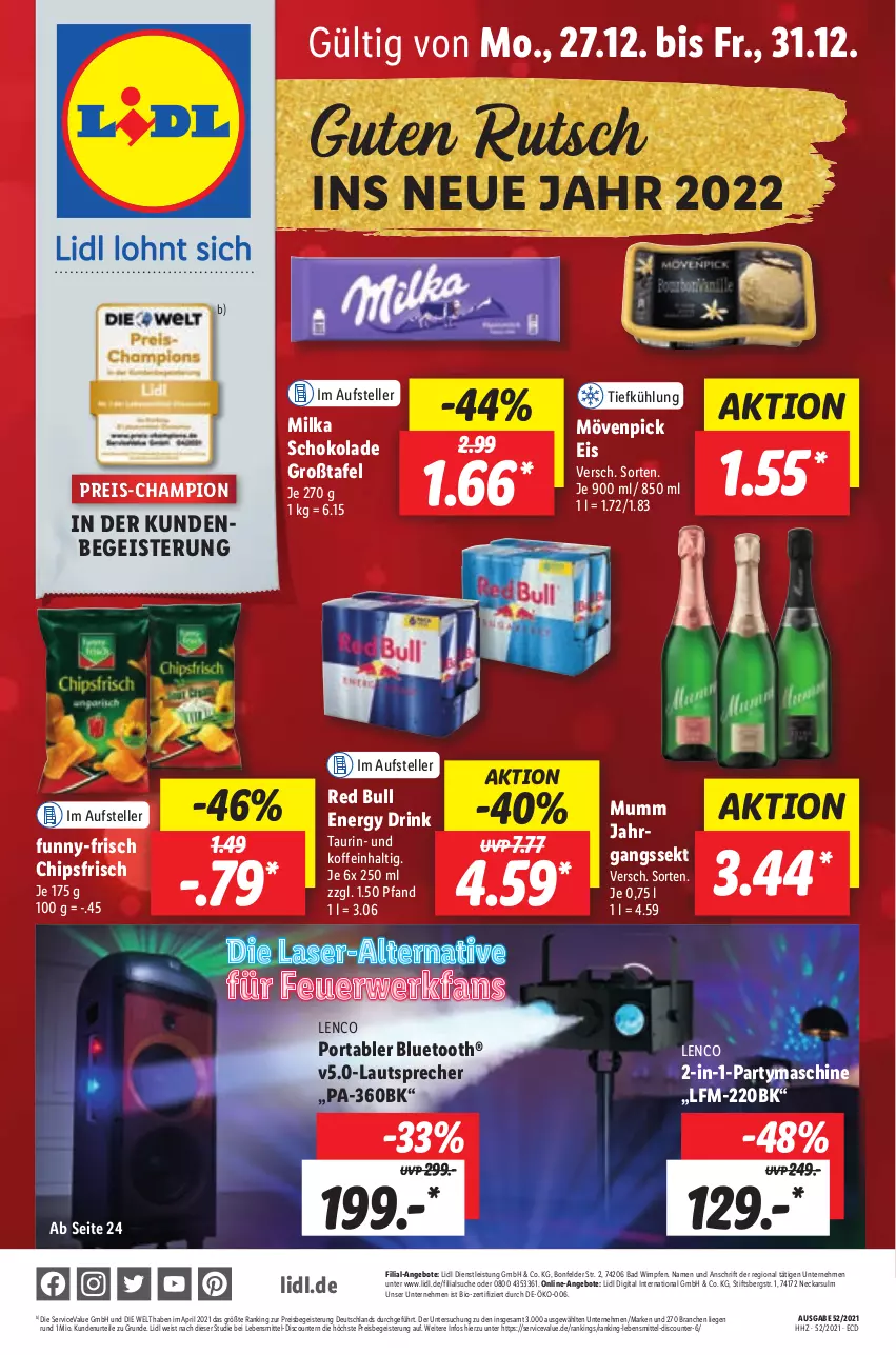 Aktueller Prospekt Lidl - Aktionsprospekt - von 27.12.2021 bis 01.01.2022 - strona 1 - produkty: angebot, angebote, Bad, bio, champion, chips, chipsfrisch, discount, drink, eis, elle, energy drink, funny-frisch, jahrgangssekt, lautsprecher, lebensmittel, lenco, Liege, milka, milka schokolade, mövenpick, mövenpick eis, mumm, pril, red bull, reis, rwe, schoko, schokolade, sekt, teller, Ti