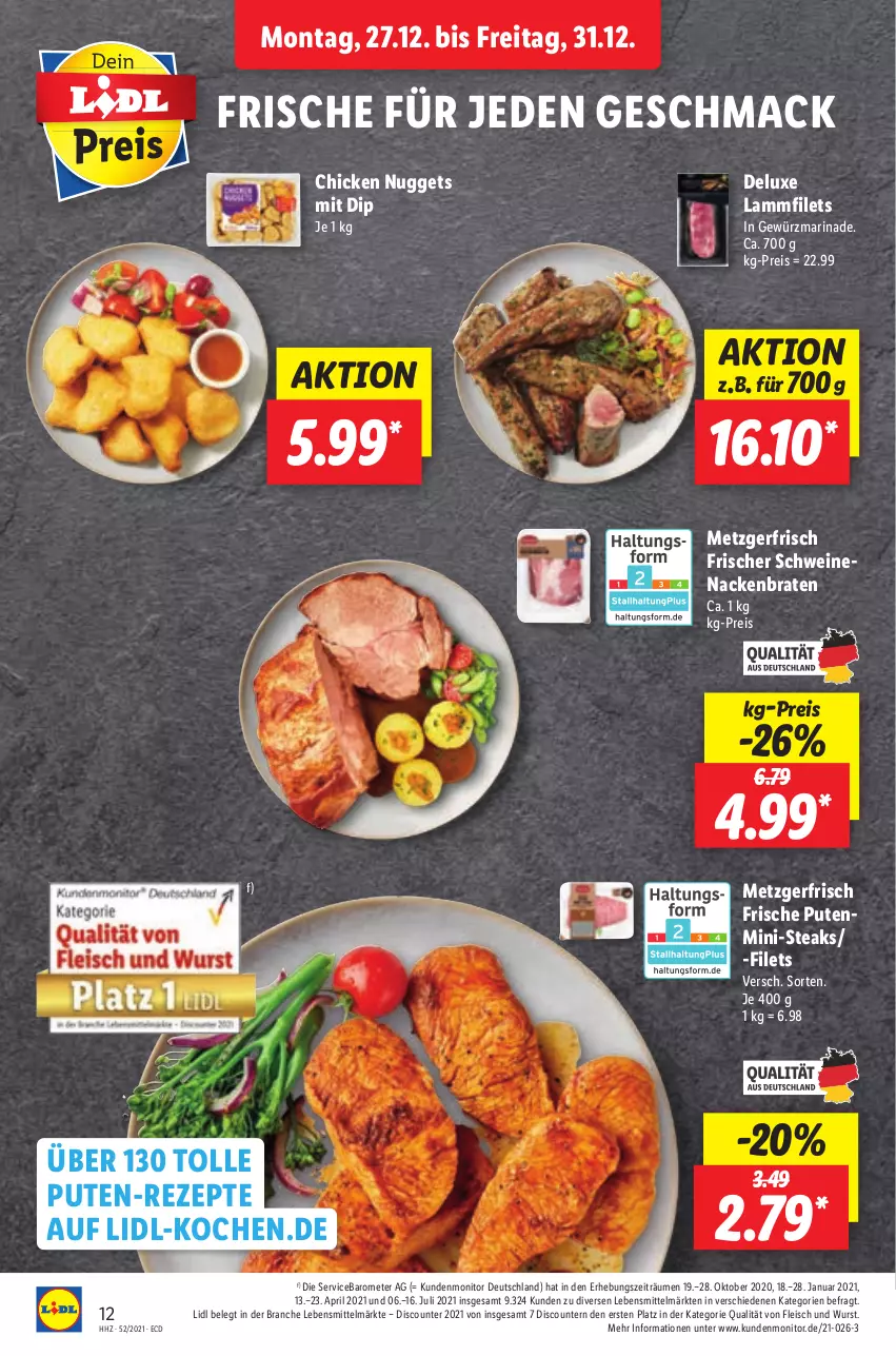 Aktueller Prospekt Lidl - Aktionsprospekt - von 27.12.2021 bis 01.01.2022 - strona 12 - produkty: braten, chicken nuggets, dip, discount, eis, filet, filets, fleisch, gewürz, lamm, Lammfilets, lebensmittel, mac, marinade, monitor, nuggets, pril, pute, reis, rezept, rezepte, schwein, schweine, schweinenacken, steak, steaks, Ti, wein, weine, wurst