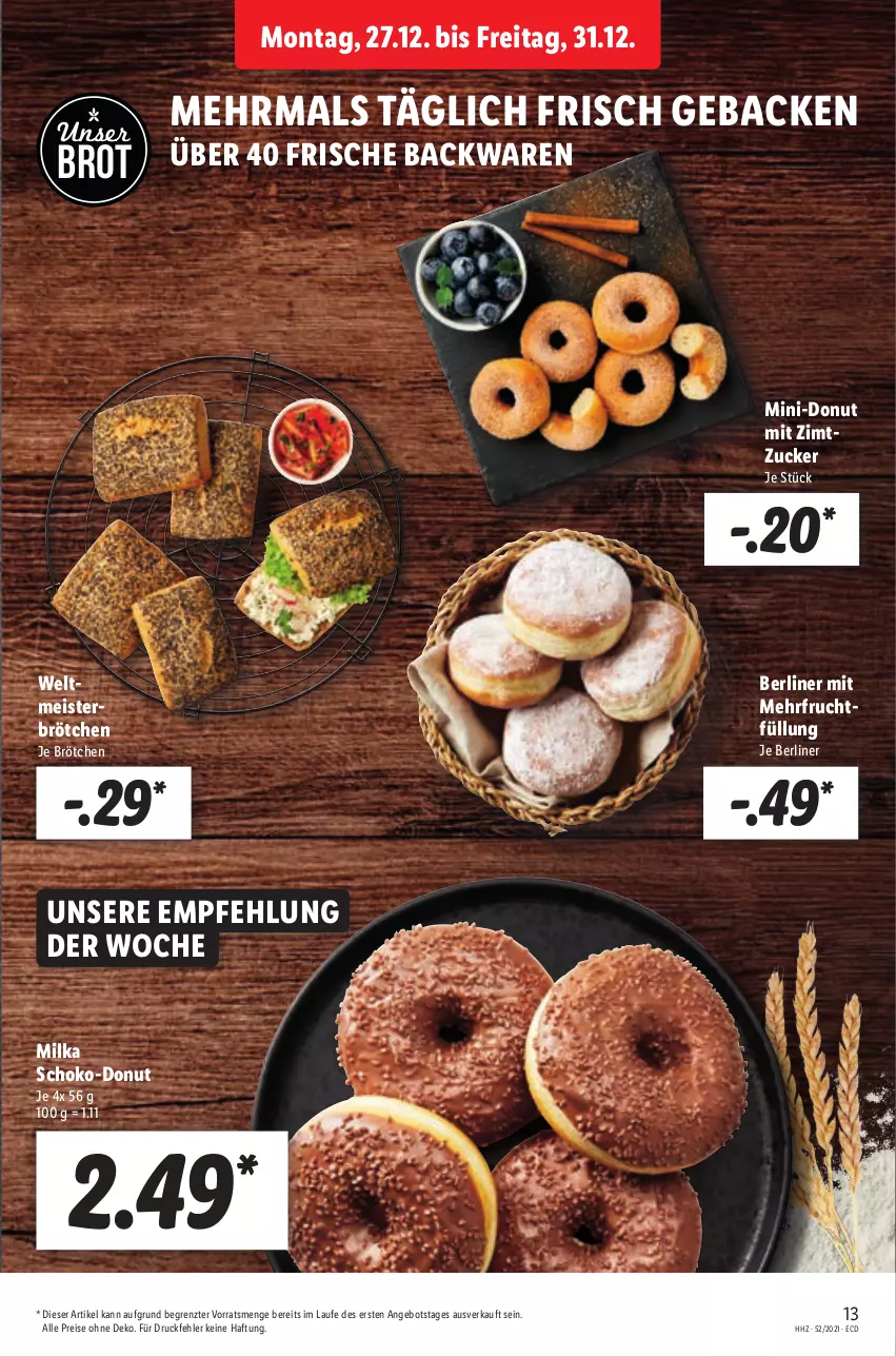 Aktueller Prospekt Lidl - Aktionsprospekt - von 27.12.2021 bis 01.01.2022 - strona 13 - produkty: angebot, backwaren, berliner, brot, brötchen, Donut, eis, frische backwaren, frucht, geback, Meister, milka, reis, schoko, Ti, ZTE, zucker