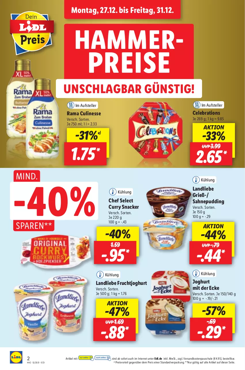 Aktueller Prospekt Lidl - Aktionsprospekt - von 27.12.2021 bis 01.01.2022 - strona 2 - produkty: culinesse, curry, eis, elle, frucht, fruchtjoghurt, joghur, joghurt, joghurt mit der ecke, landliebe, ndk, preisvorteil, pudding, rama, Rama Culinesse, reis, sahne, Schal, Schale, snack, teller, Ti