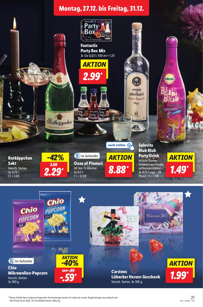 Aktueller Prospekt Lidl - Aktionsprospekt - von 27.12.2021 bis 01.01.2022 - strona 21 - produkty: alkohol, angebot, asti, Cars, drink, eis, elle, frucht, fruchtsaft, Lübecker, mikrowelle, ouzo, popcorn, reis, rotkäppchen, saft, sekt, teller, Ti, vita, ZTE