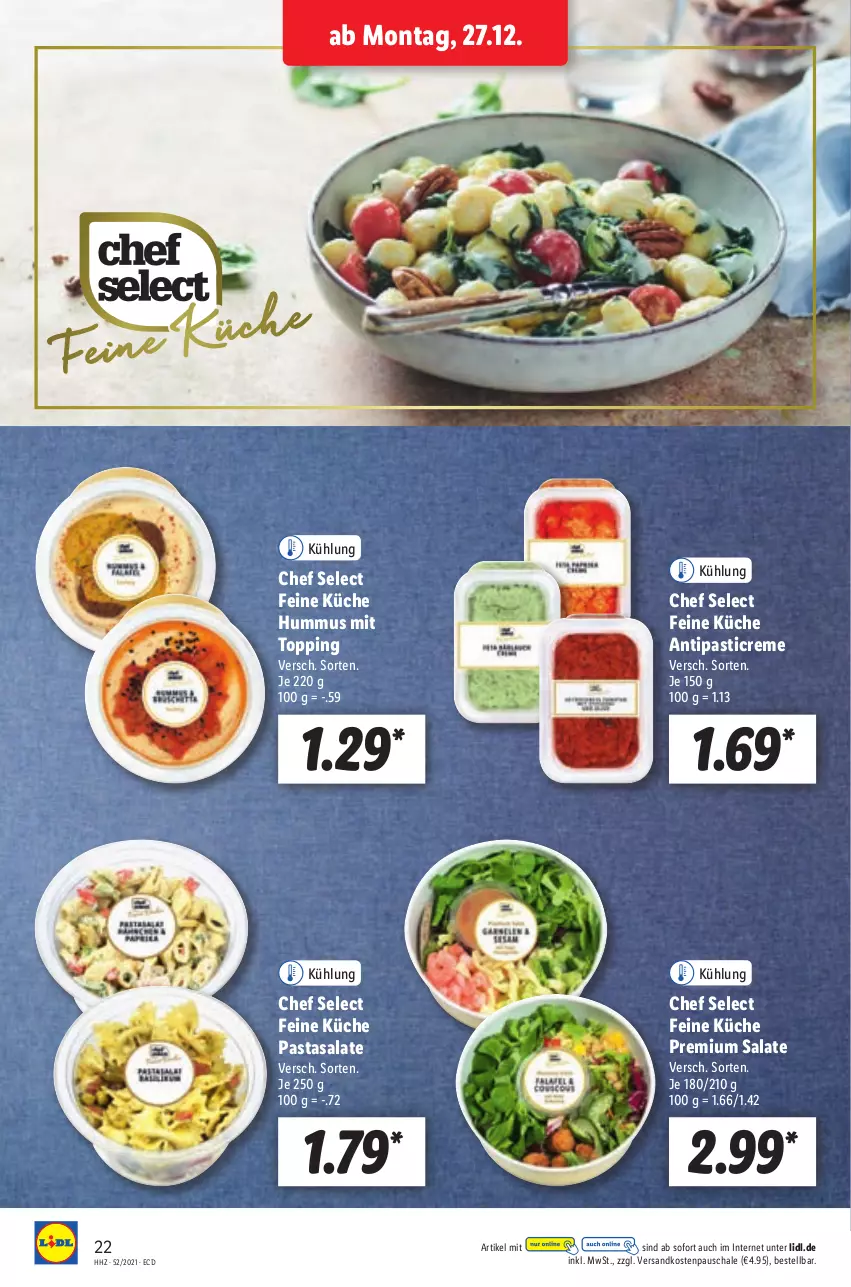 Aktueller Prospekt Lidl - Aktionsprospekt - von 27.12.2021 bis 01.01.2022 - strona 22 - produkty: antipasti, asti, creme, hummus, küche, ndk, pasta, salat, salate, Schal, Schale, Ti