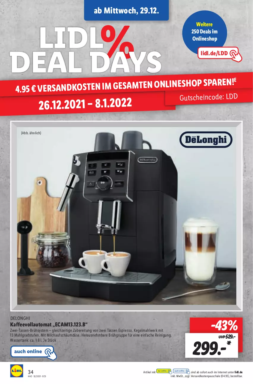 Aktueller Prospekt Lidl - Aktionsprospekt - von 27.12.2021 bis 01.01.2022 - strona 34 - produkty: auto, delonghi, espresso, gutschein, kaffee, kaffeevollautomat, LG, milch, ndk, Reinigung, Schal, Schale, tasse, Ti, wasser, wassertank