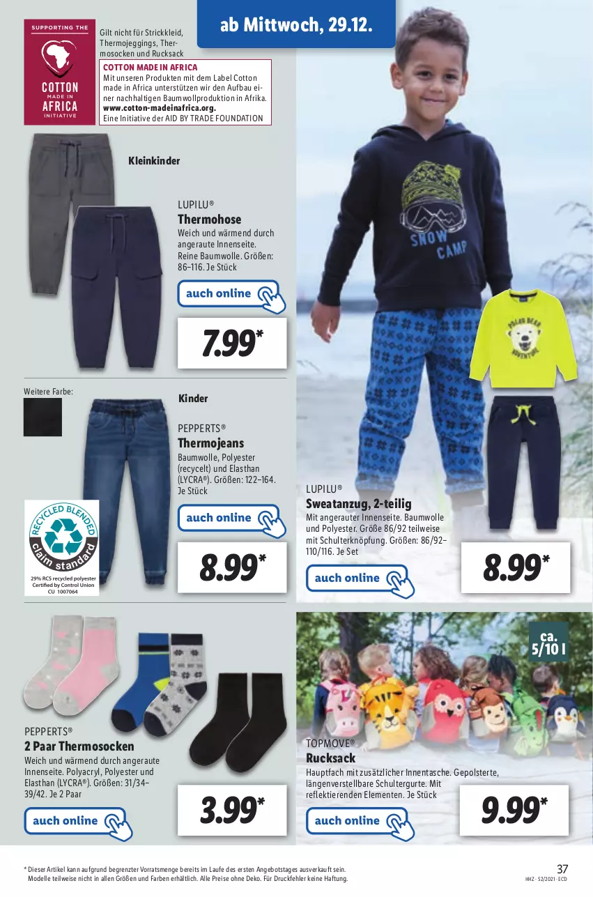 Aktueller Prospekt Lidl - Aktionsprospekt - von 27.12.2021 bis 01.01.2022 - strona 37 - produkty: angebot, Anzug, Bau, baumwolle, dell, eis, elle, ente, gin, hose, jeans, Kinder, kleid, lupilu, Mode, reine baumwolle, reis, rucksack, sac, schultergurt, socken, Strickkleid, Tasche, Ti, Tiere, wolle, ZTE