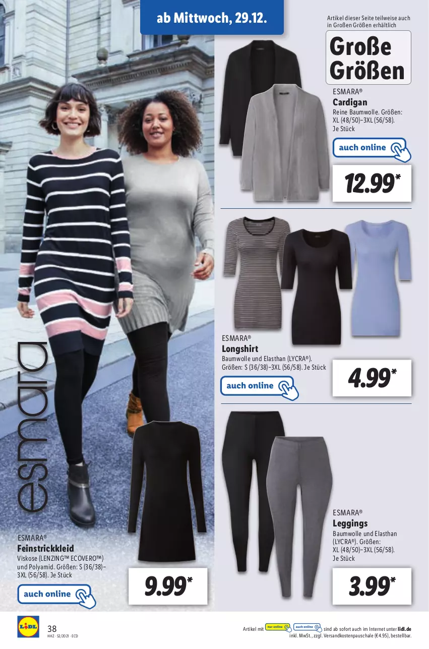 Aktueller Prospekt Lidl - Aktionsprospekt - von 27.12.2021 bis 01.01.2022 - strona 38 - produkty: Bau, baumwolle, Cardigan, ecovero, eis, esmara, gin, kleid, leggings, lenzing, ndk, reine baumwolle, Schal, Schale, shirt, Strickkleid, Ti, wolle